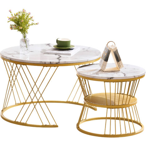 Set di 2 Tavolino da caffè, 70x70x47cm, effetto marmo bianco, MDF con telaio metallico per soggiorno