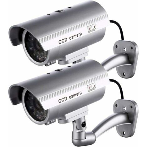 Set di 2 telecamere finte, telecamere finte per esterni, a forma di proiettile con LED lampeggiante, RTGPT (argento) - Inhhub