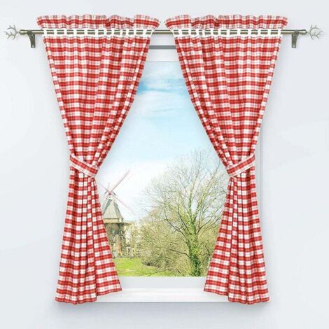Set di 2 tende oscuranti perforate con 2 decorazioni a quadri per finestre per camera da letto interna rosse H/L 120/80 cm