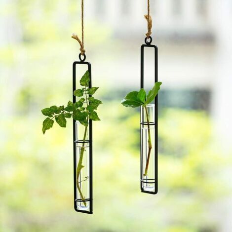 Set di 2 vasi creativi in ferro battuto e vetro, contenitore idroponico, tubo di vetro, composizione floreale, cestino sospeso, decorazione per piante da giardino/soggiorno, nero