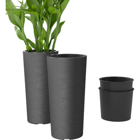 Set di 2 vasi impilabili, fioriere alte in plastica, con vassoio interno e fori di drenaggio, Ø35x60cm, grigie