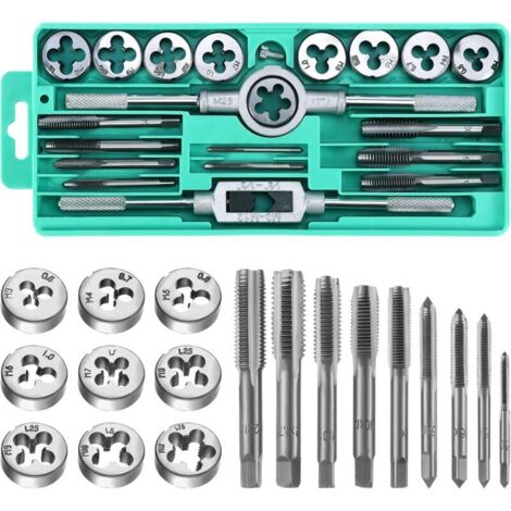 Set di 20 maschi e filiere, misure metriche da M3 a M12, con chiave per maschi e accessori
