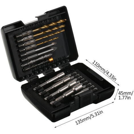 Set di 20 punte da trapano e punte per cacciavite per legno, metallo, acciaio e applicazioni di sicurezza, con avvitatore a impulsi e custodia.