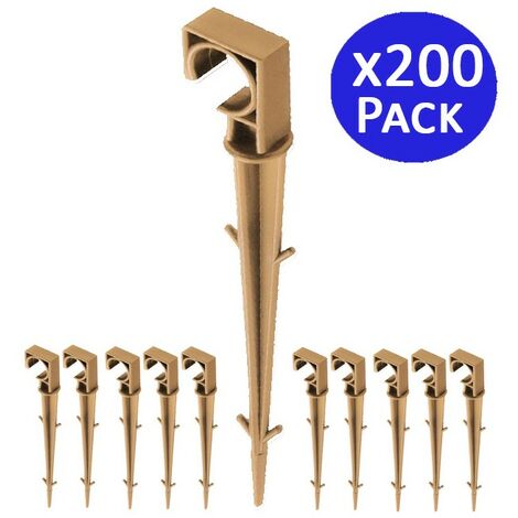 Set di 200 Cramponi di Fissaggio in Plastica, Picchetti di Fissaggio 16 mm per Linea di Drenaggio, Tubi da Giardino, Marrone
