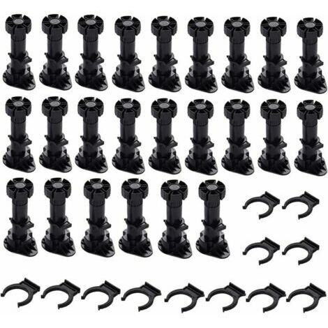 Set di 24 piedini regolabili in plastica nera spessa con clip di fissaggio per mobili da cucina o bagno, armadi e divani (120-150 mm)