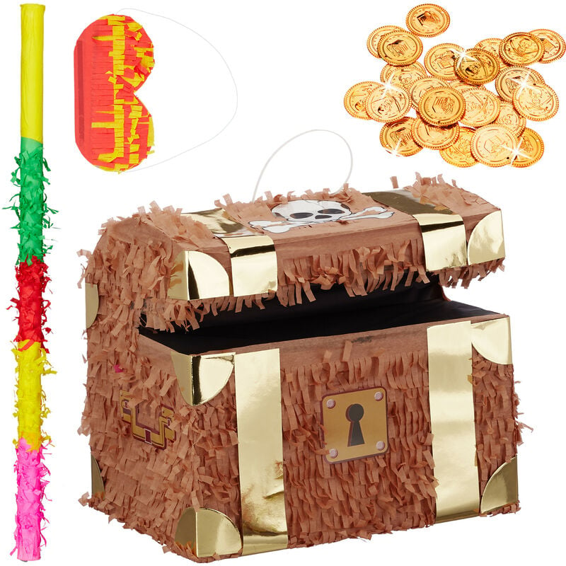 Relaxdays - 4-piece Set Pinata Treasure Chest, incl. Stick, Eye Mask & Golden Coins, Fill with Candies, Hanging, Colourful