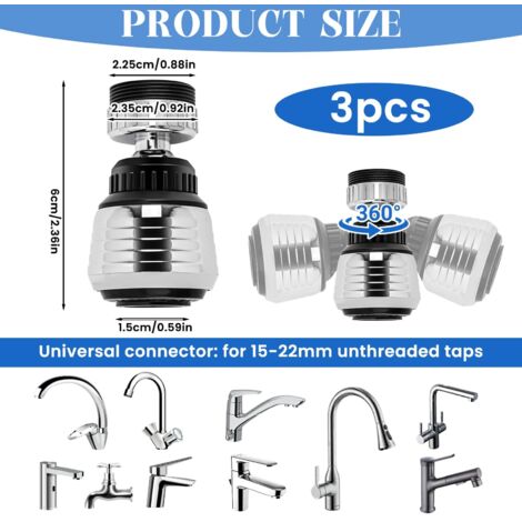 Set di 3 aeratori per rubinetto rotanti a 360° con 2 tipi di getto, acciaio inossidabile argentato, risparmio idrico, adattatore universale per cucina e bagno