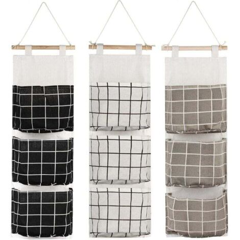 Set di 3 borse portaoggetti da appendere con 3 tasche, cestino organizer in tessuto da parete per camera da letto, bagno e cucina - Impermeabile ed elegante (nero/grigio/bianco).