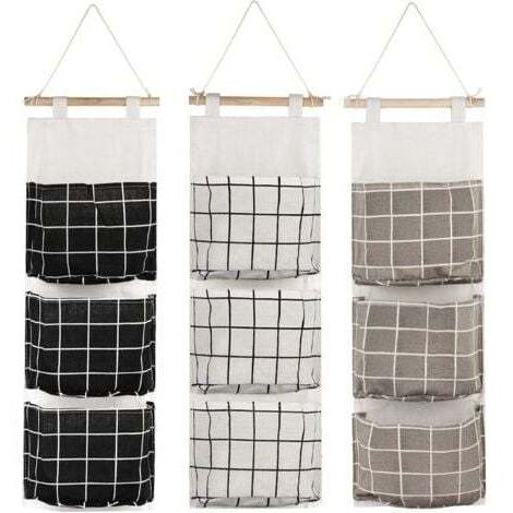 Set di 3 borse portaoggetti da appendere con 3 tasche (nero/grigio/bianco), cestino organizer in tessuto da parete per camera da letto, bagno, cucina - Impermeabile ed elegante