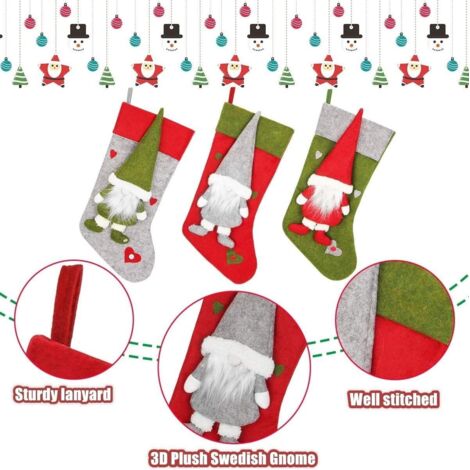 Set di 3 calze di Natale, grandi calze di Natale da 46 cm per appendere regali e dolci con grazioso gnomo svedese di peluche 3D per decorazioni natalizie, albero di Natale, camino