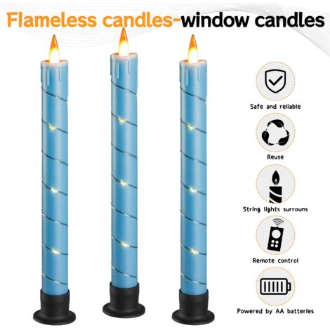 Set di 3 candele a cono tremolanti, senza fiamma, a batteria, con telecomando e display LED dinamico 3D - 24 cm - Per matrimoni, feste e decorazioni per la casa - Blu