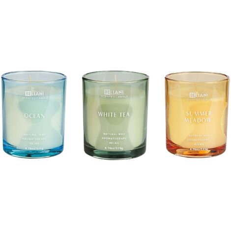 Set di 3 candele profumate 100% cera di soia stoppino di cotone vetro fragranza naturale fresca Fragranza fresca Oceano, Tè bianco, Prato estivo Sheer Joy