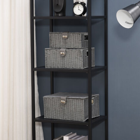 Set di 3 Cesti in Vimini PP con Coperchio, Contenitori Rettangolari di Diverse Dimensioni, Grigio
