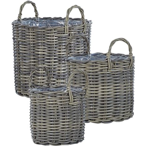 Set di 3 cesti per piante da esterno fioriere rivestite in rattan sintetico marrone talpa Nikiti