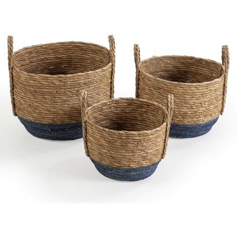Set di 3 cestini Iria in fibra naturale con manici, blu/naturale