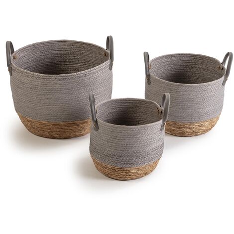Set di 3 cestini Neves in fibra naturale e carta, grigio/naturale
