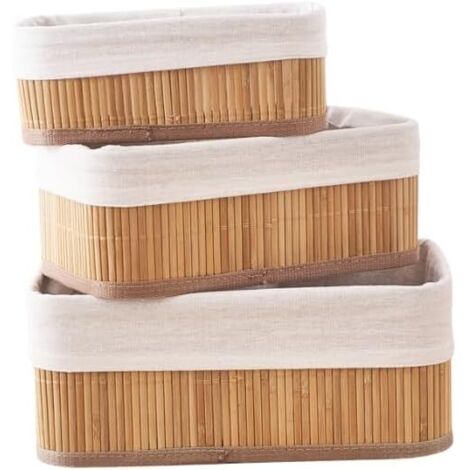Set di 3 cestini portaoggetti in bambù con rivestimento in tessuto naturale per armadi e mensole, bagno