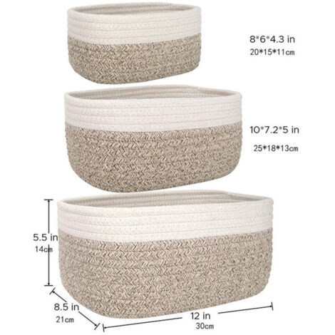 Set di 3 cestini portaoggetti in corda di cotone intrecciata, ideali per il bagno, il fasciatoio, impilabili e versatili, perfetti per decorare la cameretta dei bambini.