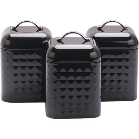 Set di 3 contenitori neri per caffè e tè.