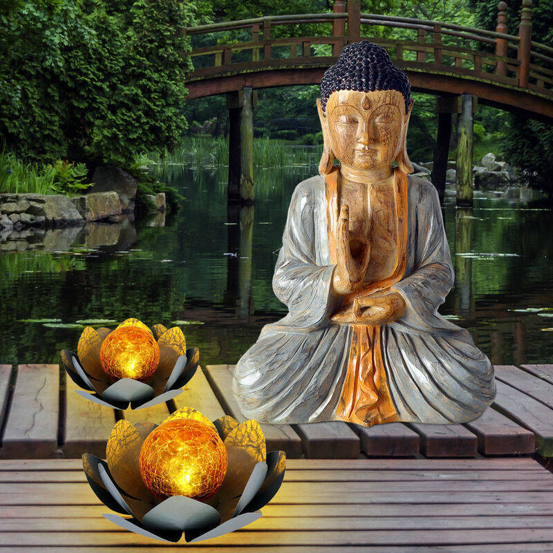 Image of Set di 3 decorazioni 2x led lampada solare fiore di loto crackle giardino di vetro esterno 1x figura di Buddha Feng Shui