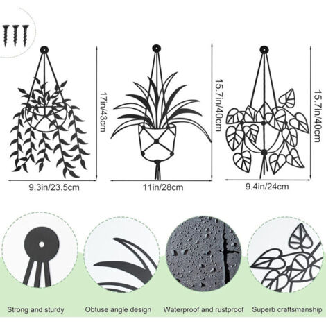 Set di 3 decorazioni murali in metallo a forma di vaso di fiori, decorazione da parete con fiori in vaso, elegante scultura murale nera con pianta in vaso per camera da letto, bagno, cucina, esterni e