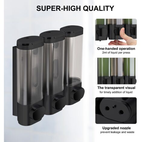 Set di 3 dispenser di sapone da parete, non richiede fori, erogazione uniforme, a prova di perdite, adatti per shampoo, bagnoschiuma, sapone liquido, balsamo, nero