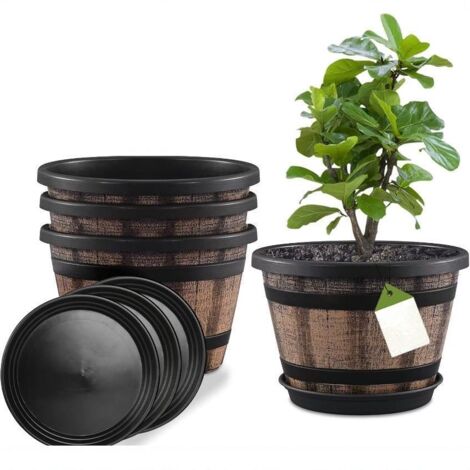 Set di 3 fioriere a forma di botte di whisky da 25 cm con fori di drenaggio e sottovasi, fioriere decorative in plastica dal design a botte, adatte a piante da interno ed esterno (marrone).