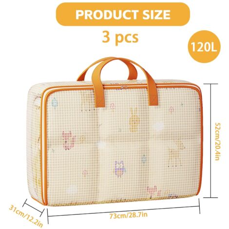 Set di 3 grandi sacchi portaoggetti da 120 litri, pieghevoli, organizer sottoletto per piumoni, impermeabili con manici rinforzati, per piumoni, coperte, cuscini, giacche
