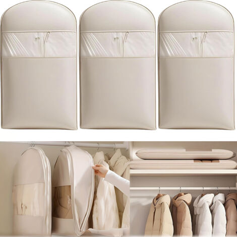 Set di 3 grucce autocompressive, organizer trasparenti antipolvere, beige, per cappotti e piumini, 90 cm