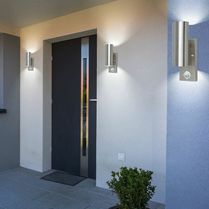 Image of Set di 3 luci da esterno Lampade da parete con sensore 120 ° Faretti Up Down illuminazione percorso giardino in acciaio inox