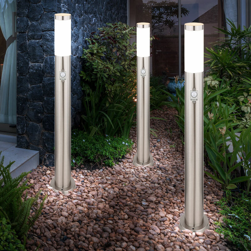 Image of Set di 3 luci di design da esterno per terrazza, base in acciaio inossidabile, lampade da giardino sensor argento in un set con lampadine a led