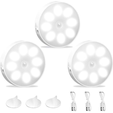 Set di 3 lampade LED ricaricabili USB automatiche, luci notturne a LED a induzione 6000K con 8 LED bianchi freddi, luci notturne con sensore di movimento per interni, accensione/spegnimento automatico