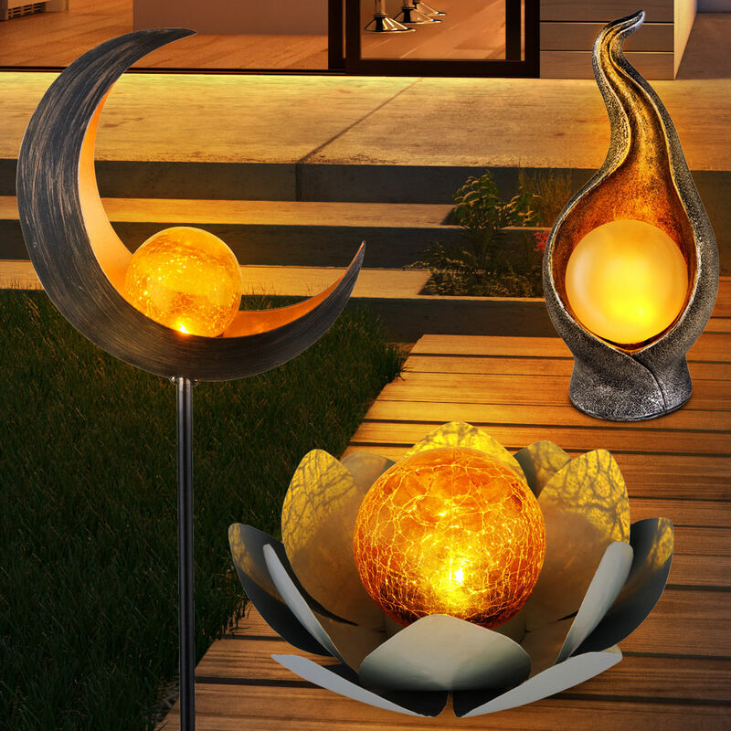 Image of Set di 3 lampade solari luna plug-in lampada crackle vetro esterno fiamma lampada effetto fuoco fiore di loto