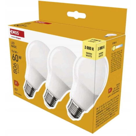 Set di 3 lampadine LED a risparmio energetico E27, bianco caldo, 9,4 W, 806 lm