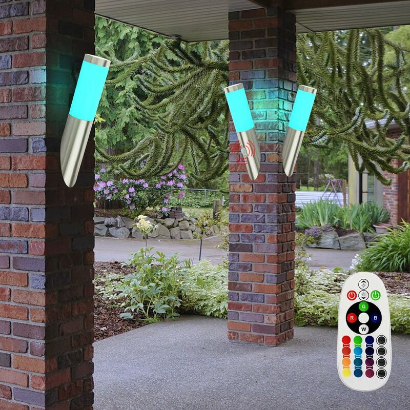 Image of Set di 3 lampade da parete per esterni in acciaio inossidabile a led rgb, rilevatori di movimento, dimmer, luci per facciate telecomandate