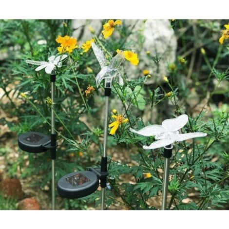 Set di 3 luci solari da giardino a forma di farfalla, colibrì e libellula LED ad energia solare multicolore