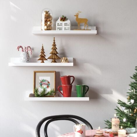 Set di 3 Mensole a Muro di Legno per Cornici e Libri, Ripiani da Esposizione, 38 x 10 cm, MDF Bianco