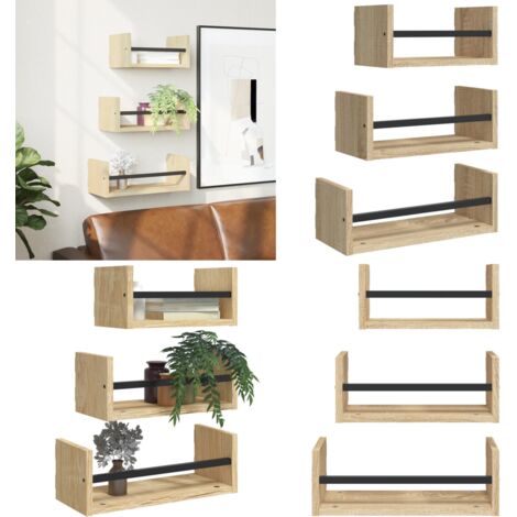 Set di 3 mensole da parete con barre in rovere Sonoma, legno ingegnerizzato - Mensole sospese - Archiviazione