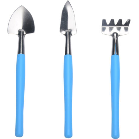 Set di 3 mini attrezzi da giardinaggio - Pale e rastrelli in acciaio inox - Attrezzi manuali per giardinaggio, ideali per piante grasse, piante in vaso e fiori (Blu)