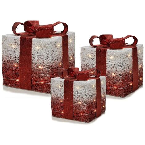 Set di 3 Pacchi Regalo Luminosi Bianco e rosso con LED Decorazione Natalizia  Fiocco Silver per albero di natale ornamento bar hotel ristorate
