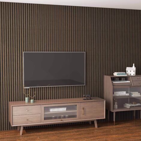 Set di 3 Pannello decorativo  in legno MDF,L260xL30cm SP21mm, Pannelli fonoassorbenti scansionati in 3D con finitura effetto legno Noce
