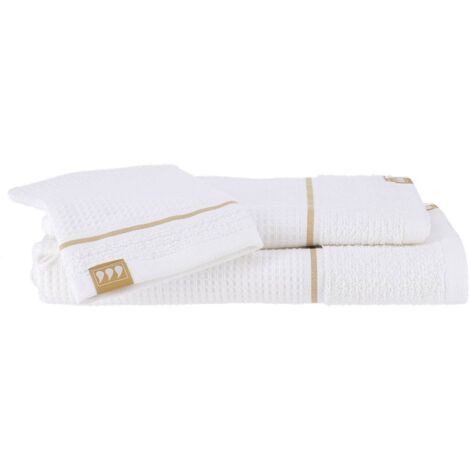 Set di 3 pezzi 100% cotone a nido d ape 1 guanto 1 asciugamano 50x90 cm 1 asciugamano 70x130 cm - oro bianco - Tendance