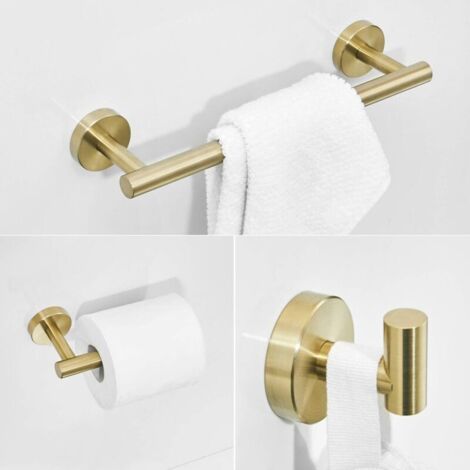 Set di 3 pezzi porta asciugamani/porta carta igienica/appendino, finitura oro spazzolato, in acciaio inossidabile, accessori per il bagno.