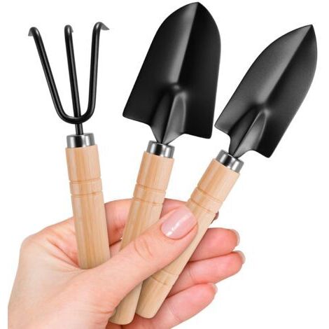 Set di 3 piccoli attrezzi da giardinaggio: piccola vanga, rastrello ergonomico con manico in legno massello resistente alla ruggine, paletta per scavare e curare le piante da interno.
