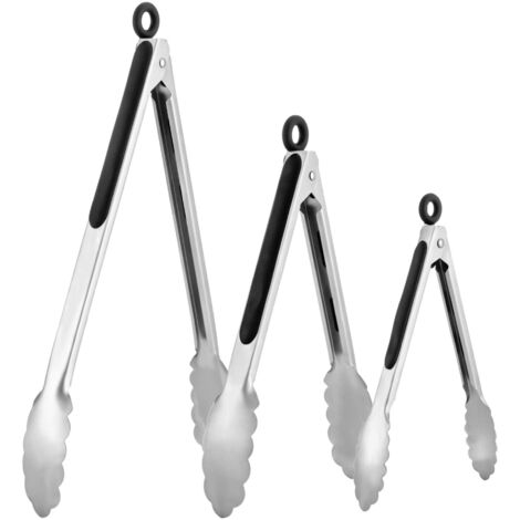 Set di 3 pinze da cucina in acciaio inox, da portata/griglia, da 8, 10 e 13 pollici con manici antiscivolo, adatte per cucinare, grigliare, servire, insalate e barbecue (nero).
