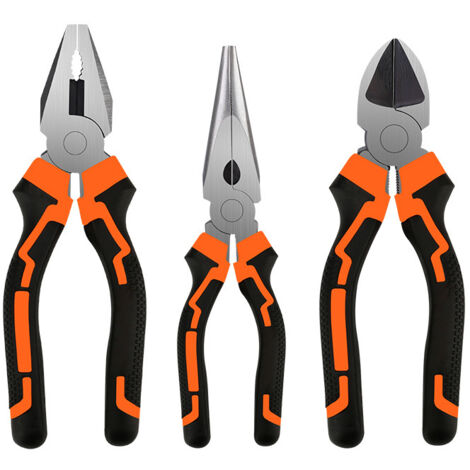 Set di 3 pinze da elettricista in acciaio inossidabile con impugnatura antiscivolo inclusa combinata, diagonale e becchi lunghi .Elettricista