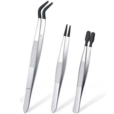 Set di 3 pinzette con punte in gomma, rivestite in PVC, dritte e piatte, nere