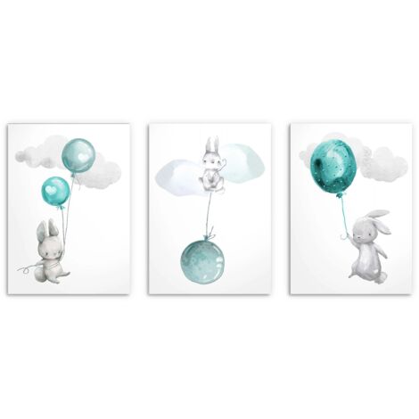 Set di 3 poster per bambini Coniglietti blu Immagini per bambini 30x40