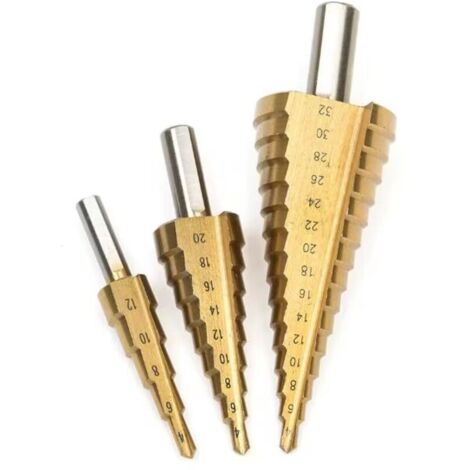 Set di 3 punte a gradini in acciaio rapido rivestite in titanio, ideali per forare plastica, legno, lamiera e alluminio. Punte a gradini (metriche: 4-12 mm / 4-20 mm / 4-32 mm).