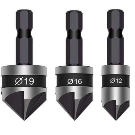 Set di 3 punte coniche con gambo esagonale da 6,35 mm, 5 scanalature, centro a 90°, 12 mm, 16 mm, 19 mm per lavorazione del legno, foratura di legno e metalli teneri (nero)